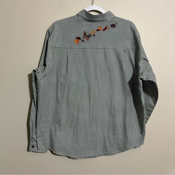 Karen Scott Striped Embroidered Fall Autumn Leaves Button Down Blouse size XL - Picture 6 of 10